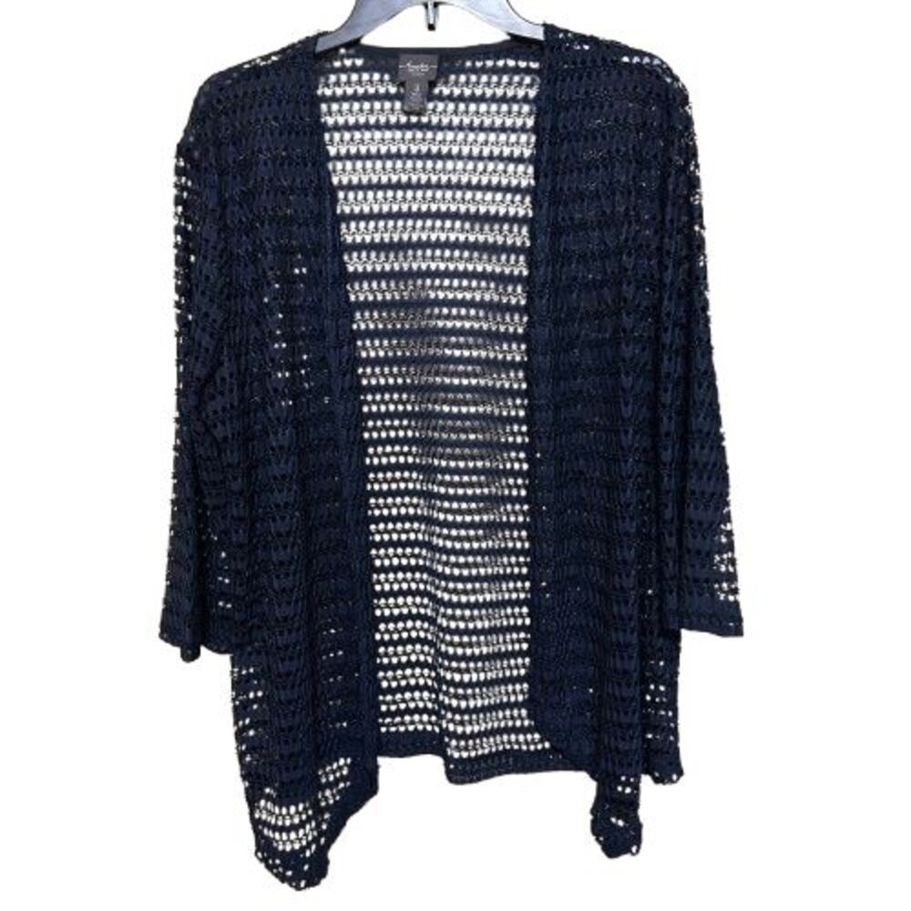 Chicos Open Front Kimono Cardigan Womens 3 XL Navy Blue Mesh Open Knit Boho